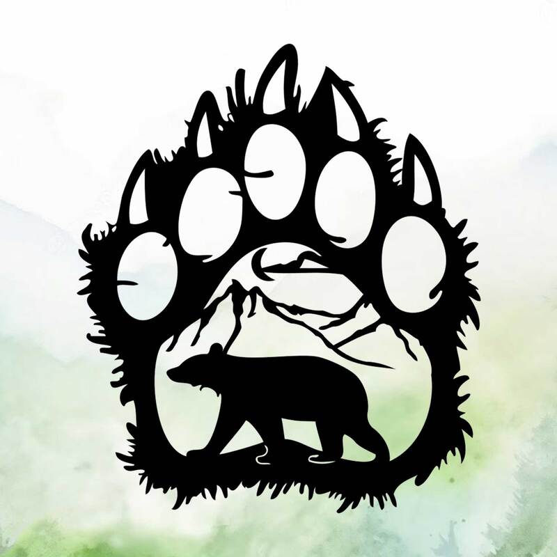 Bear paw with mountains and bear silhouette vinyl decal.