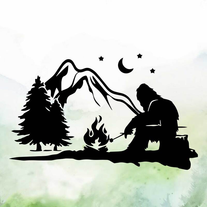 Silhouette of bigfoot roasting marshmallow over campfire in front of mountains.