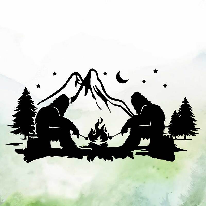 Silhouette of two bigfoot roasting marshmallows on campfire