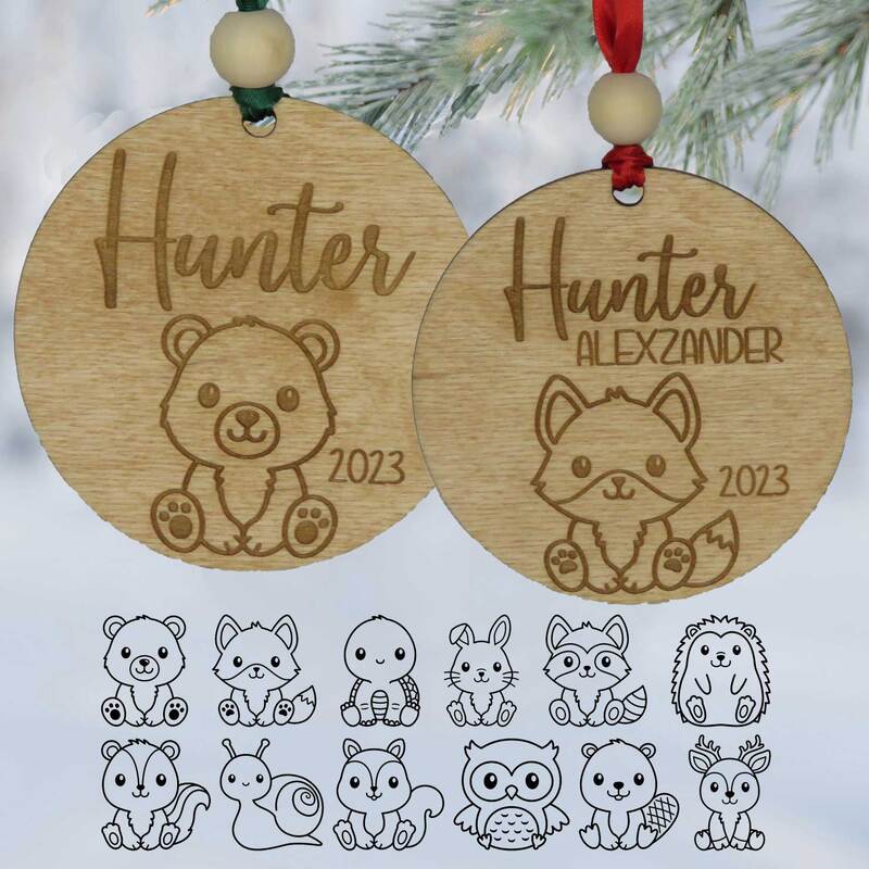 Personalized wood Christmas ornament with baby animals.