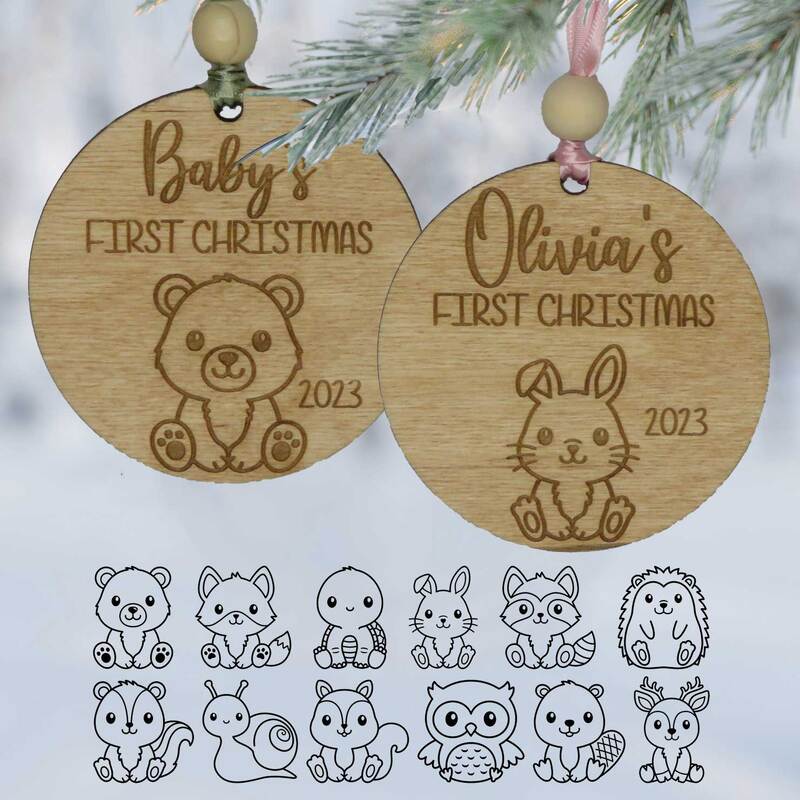 Personalized wood baby's first Christmas ornament with baby animals.