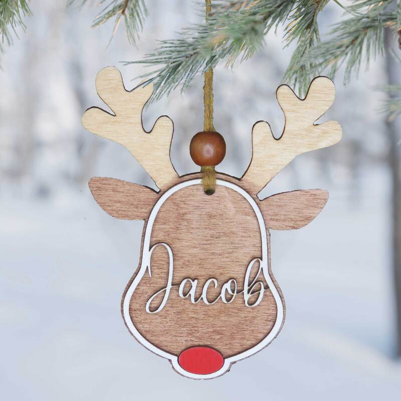 Personalized wood reindeer Christmas ornament.