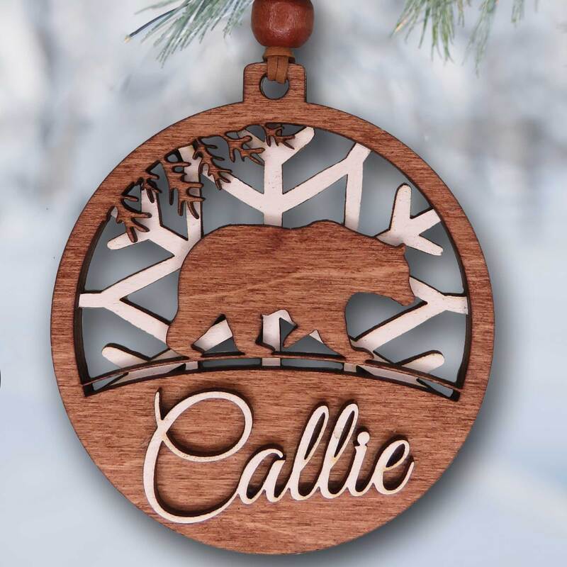 Personalized wood Christmas ornament with silhouette of bear, rabbits, wolf, deer or moose.