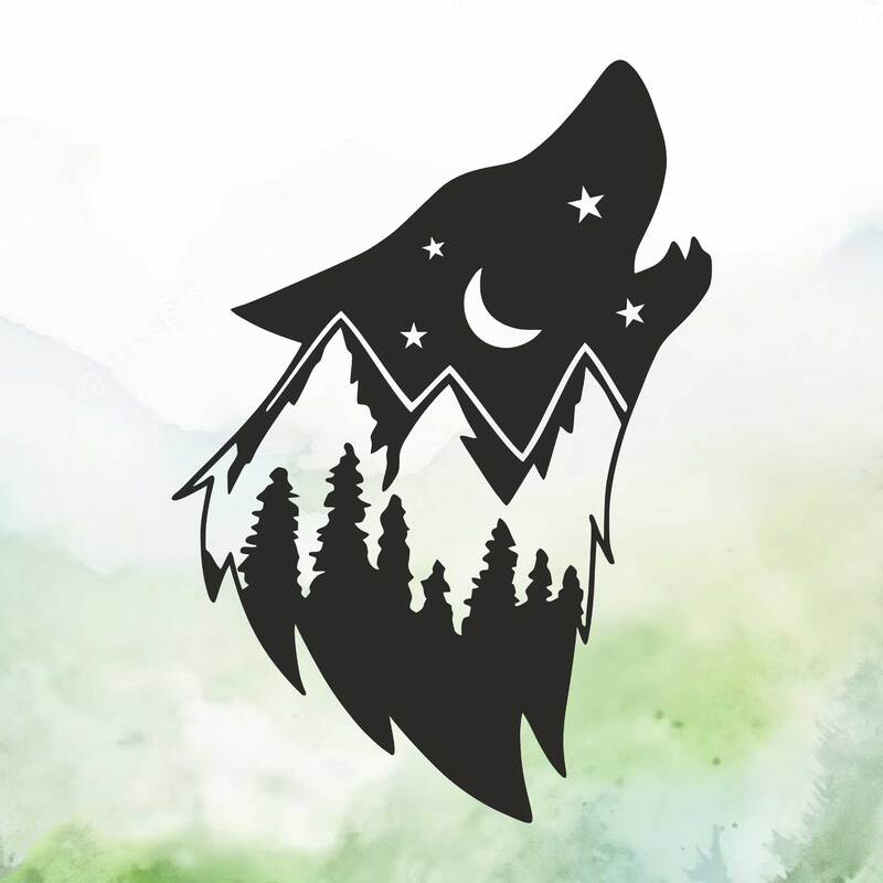 Wolf with night sky and mountains vinyl decal