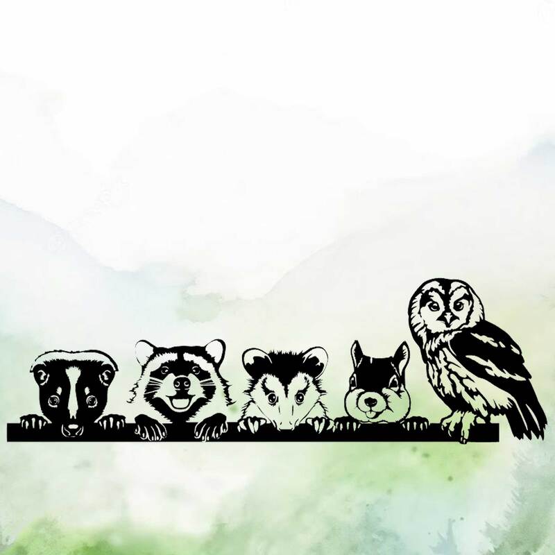 Silhouette of a skunk, raccoon, opossum, squirrel and owl peeking over a line, vinyl decal.