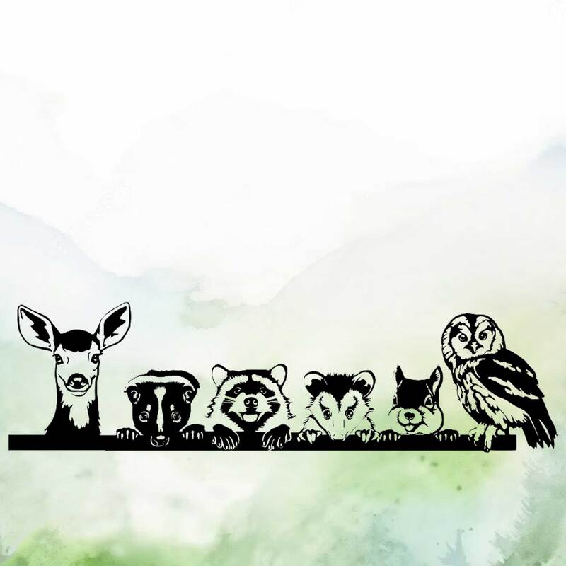 Silhouette of a fawn, skunk, raccoon, opossum, squirrel and owl peeking over a line, vinyl decal.