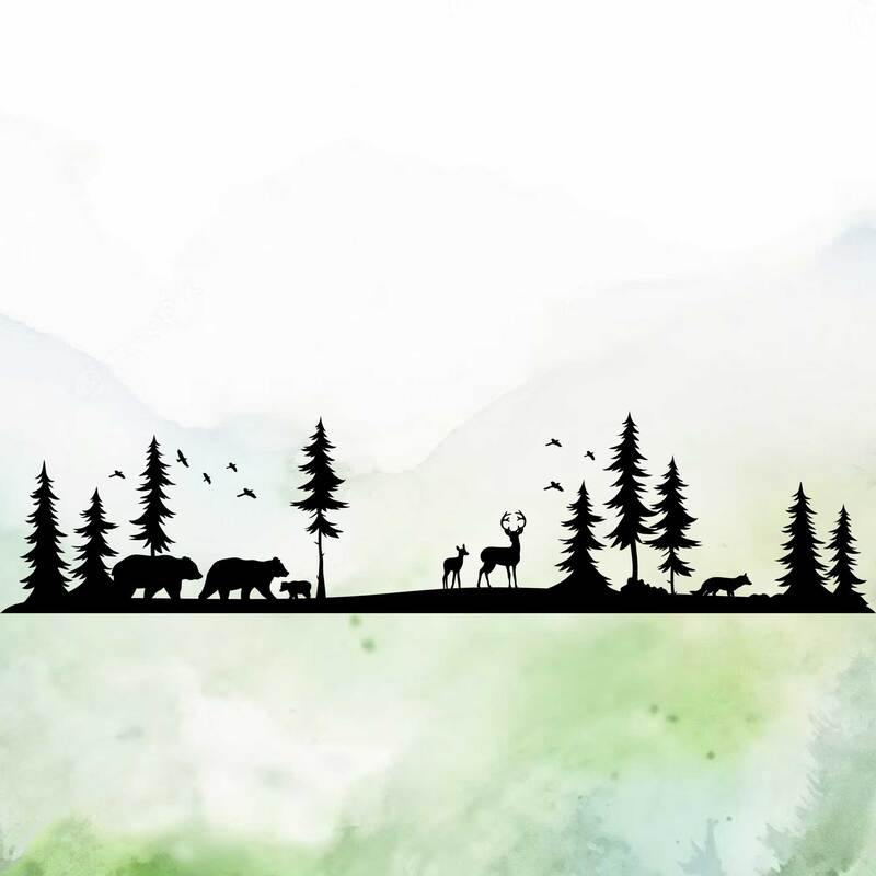 Vinyl decal with woodland landscape with bears, deer and fox