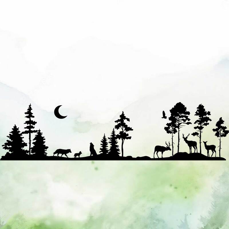 Vinyl decal with woodland landscape with wolves and elk/deer